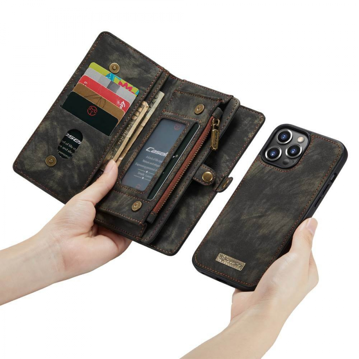Eine Brieftaschen-Handyhülle in Braun, die Karten und ein Telefon zeigt.
