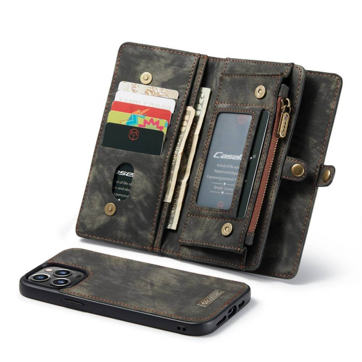 Eine Brieftaschen-Handyhülle, offen, mit Kartenfächern, Bargeld und einem Ausweisfach. Ein Telefon ist darunter.