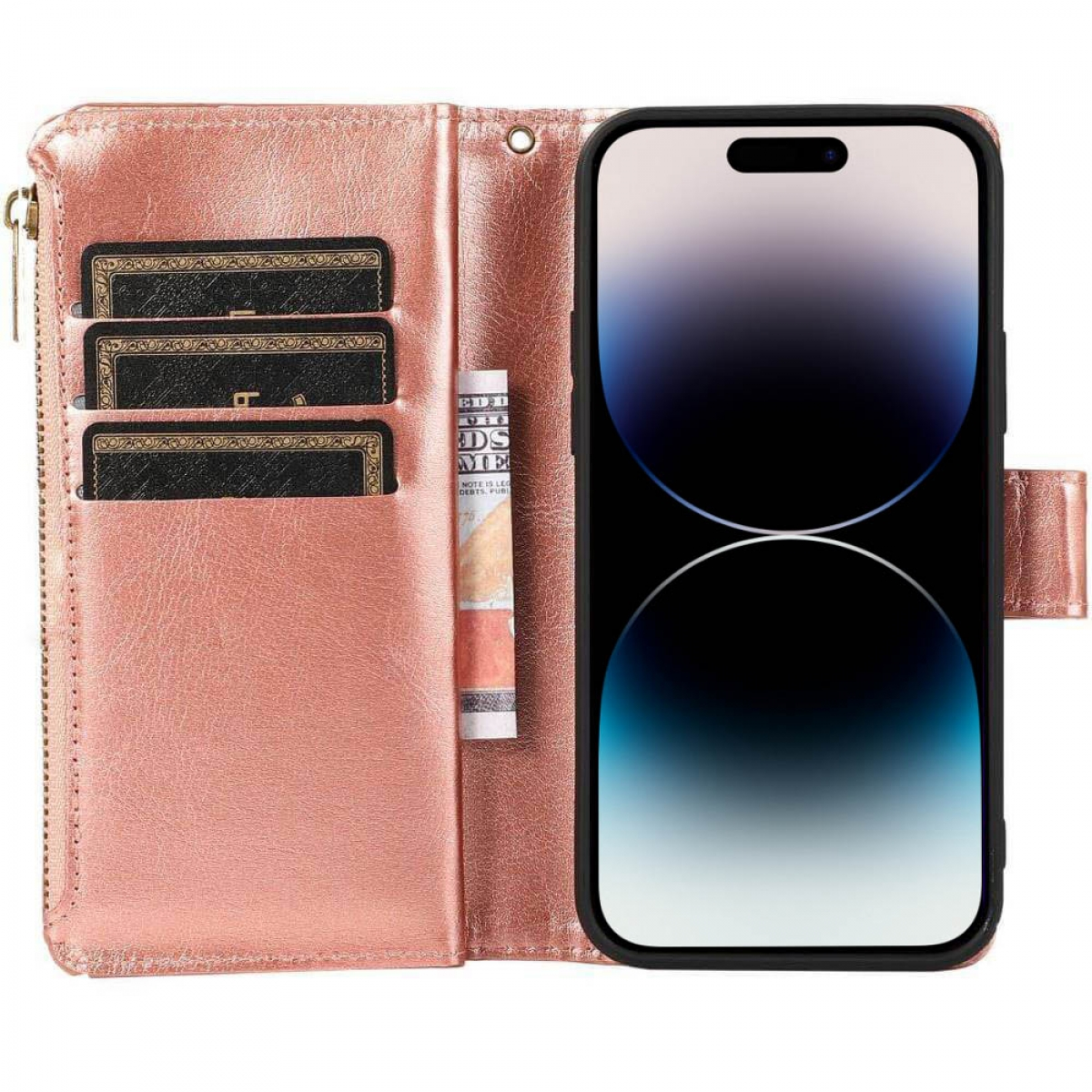 Roségoldene Handy-Geldbörsenhülle mit offenen Fächern für Karten und Bargeld. Ein Telefon befindet sich in der Hülle.