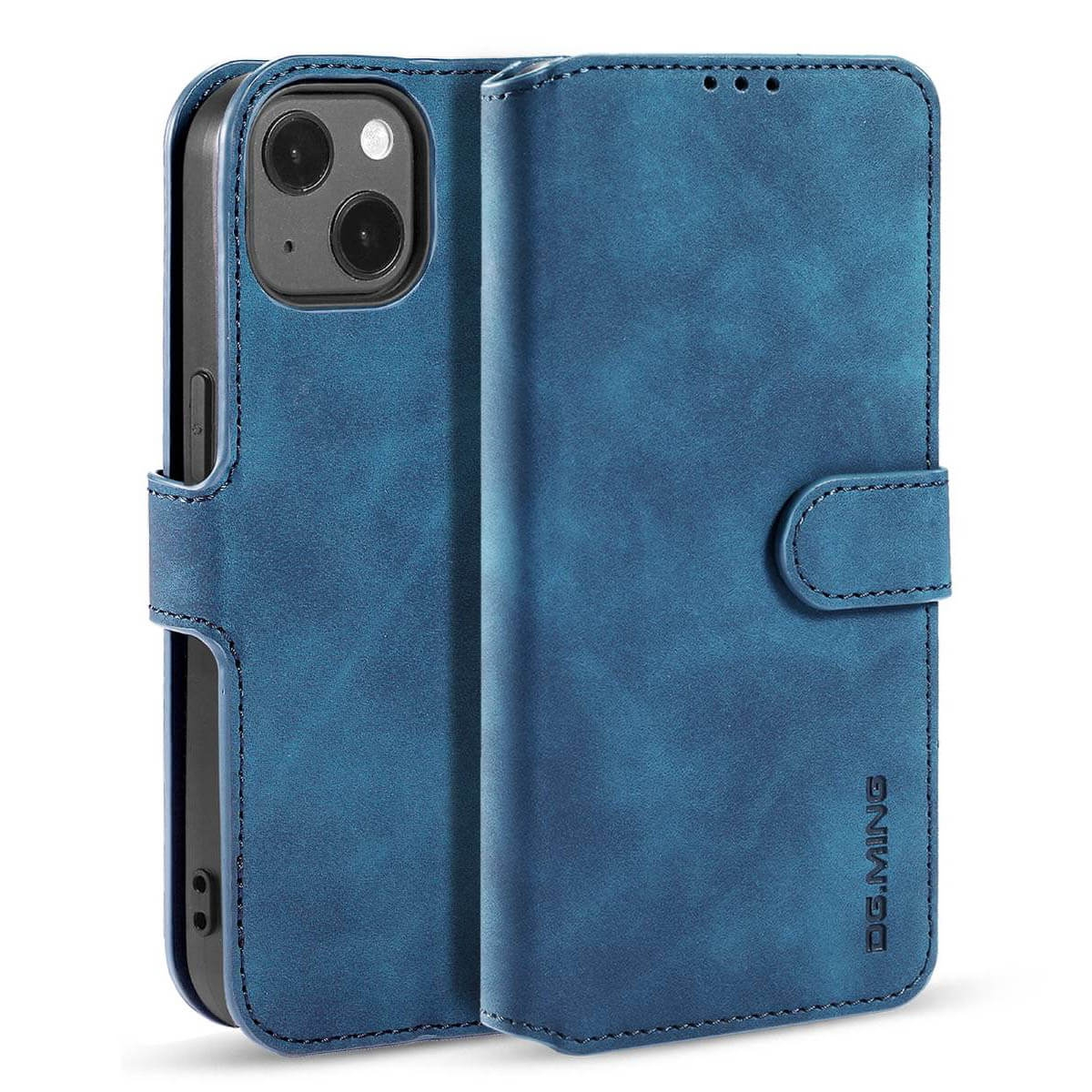 Blaue Leder-Handyhülle mit Telefon im Inneren. Die Hülle hat einen Magnetverschluss.