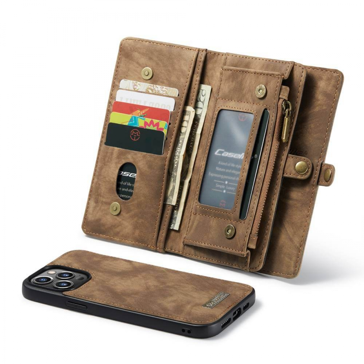 Geöffnete braune Leder-Geldbörse. Hält Karten, Bargeld und ein Telefon.