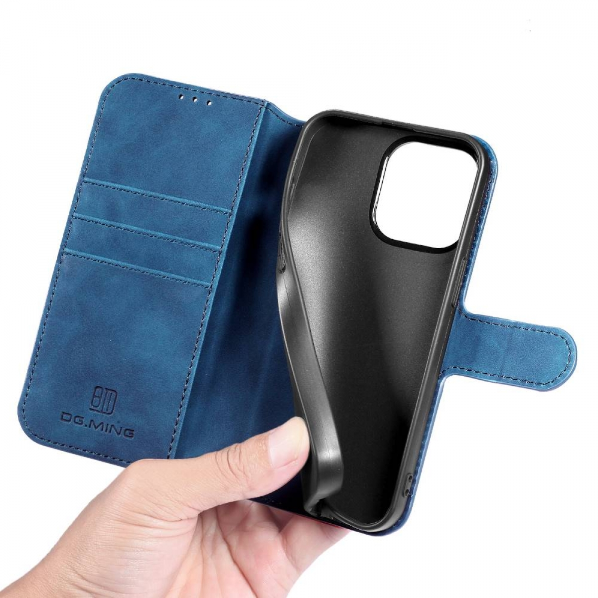 Blaue Handyhülle geöffnet, um den schwarzen Telefonhalter zu enthüllen, mit der Marke 'DG.MING'.