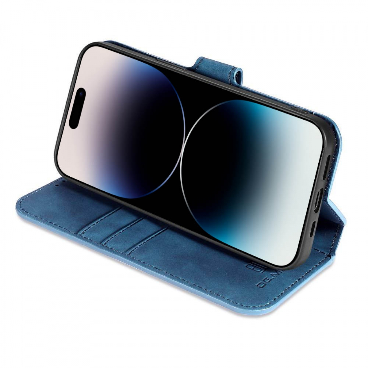Blaue Handyhülle mit Telefon darin. Der Bildschirm ist eingeschaltet. Hintergrund ist weiß.