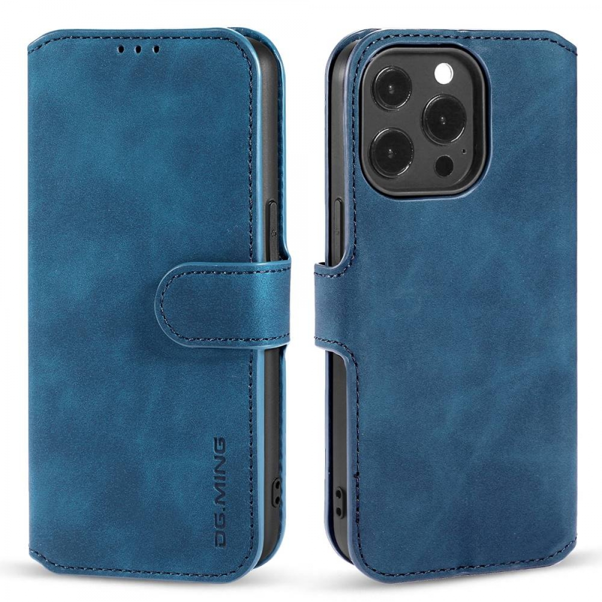 Eine blaue Handyhülle im Brieftaschenstil mit Knopfverschluss, die die Kamera des Telefons zeigt.