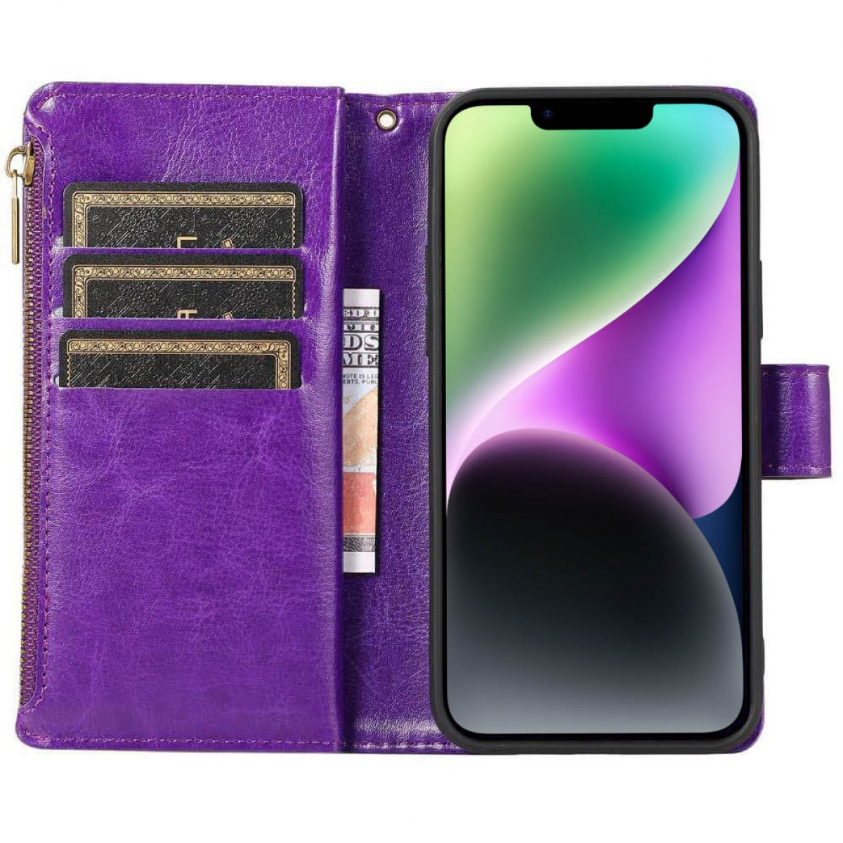 Geöffnete lila Geldbörse für das Telefon, mit Telefon, Karten und Bargeld.