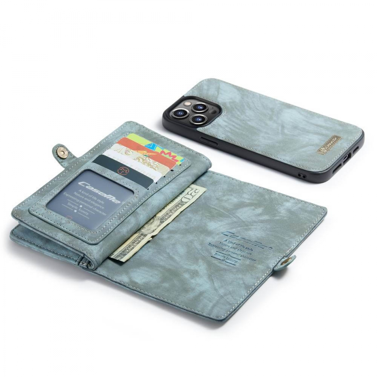Hellblaues Telefon-Portemonnaie offen, mit Karten, Geld und einer Handyhülle.