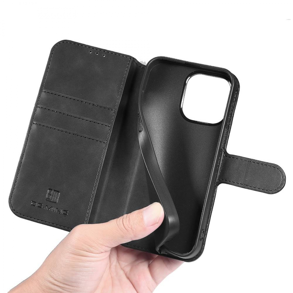 Schwarzes Leder-Handycase offen. Innen gibt es Kartenfächer und eine Telefonhalterung.