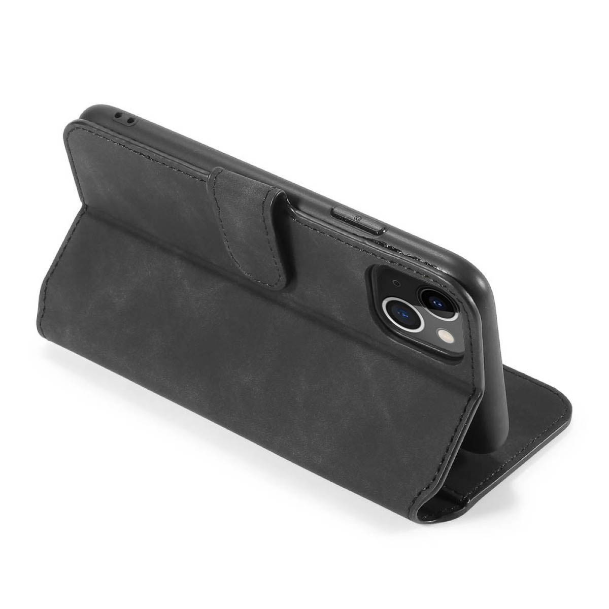 Schwarze Handyhülle, offen, mit Telefon darin. Sichtbar ist die Kamera des Telefons. Weißer Hintergrund.