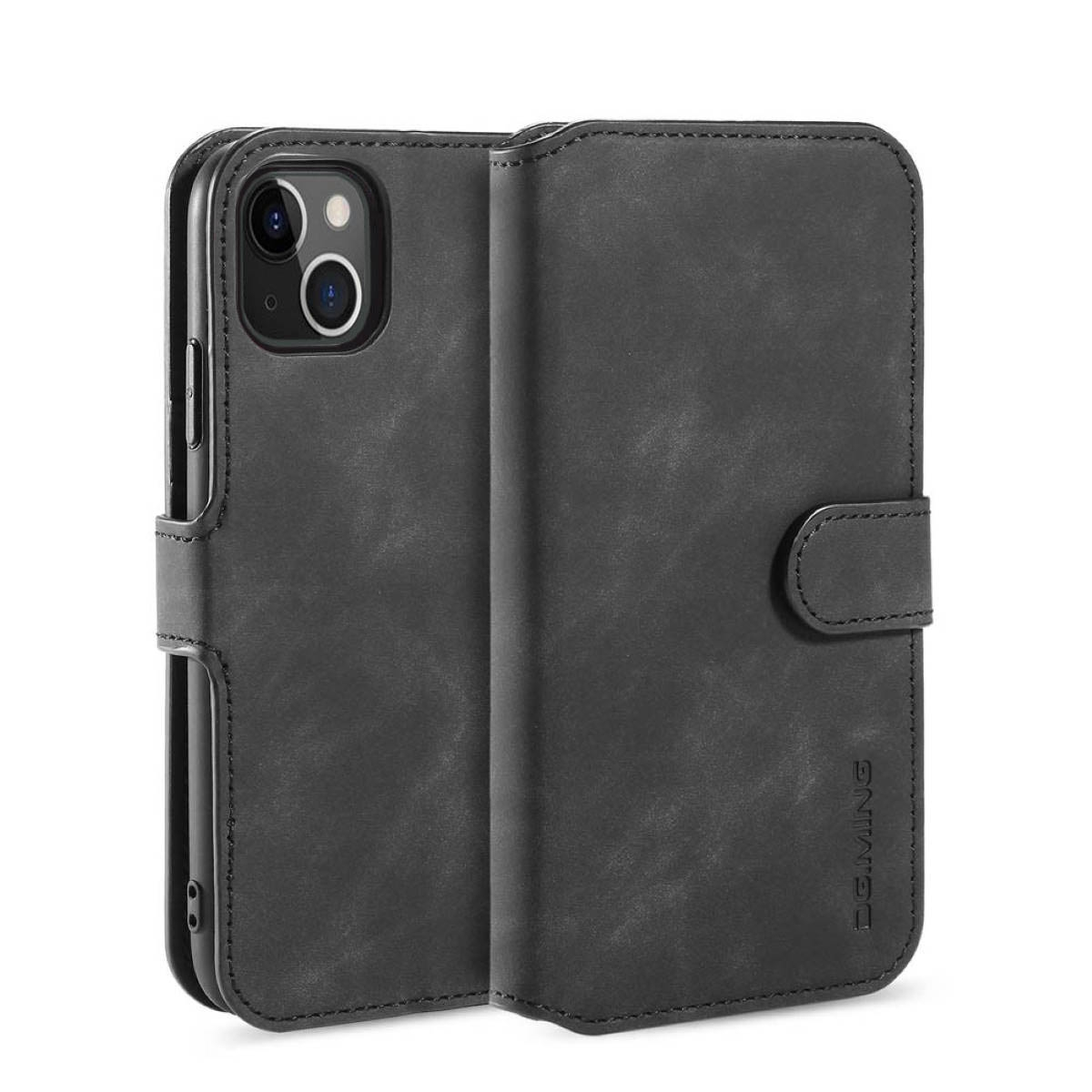 Schwarze Leder-Handyhülle, geschlossen dargestellt. Hülle hat Magnetverschluss und einen Schlitz für Telefon.