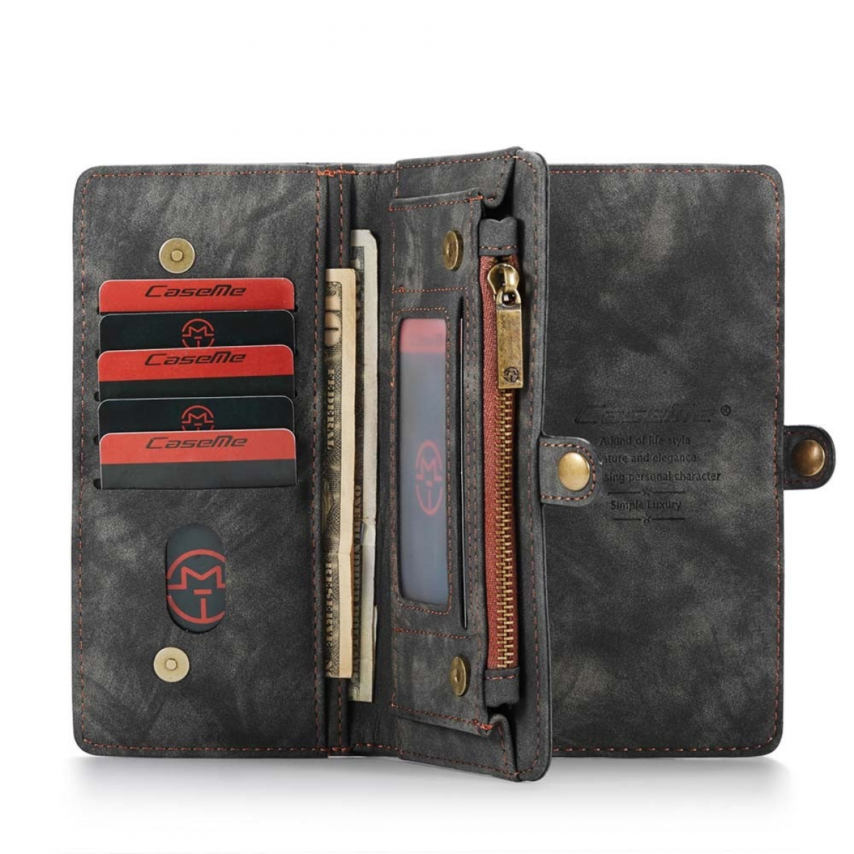 Offene Brieftaschen-Handyhülle mit mehreren Kartenfächern, Bargeld und Reißverschlusstasche.