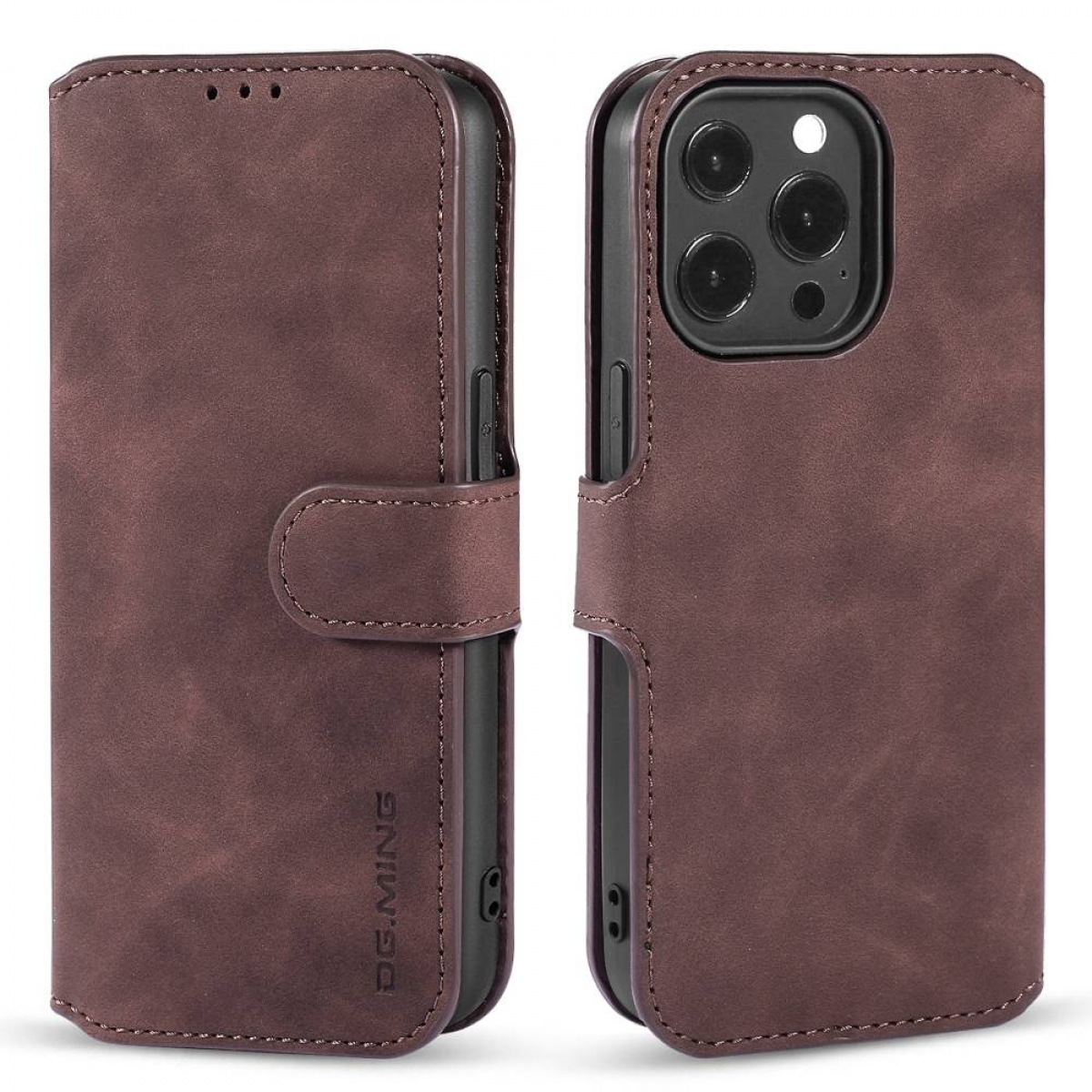 Ein geschlossenes braunes Leder-Handycase und ein offenes, das das Handy zeigt.