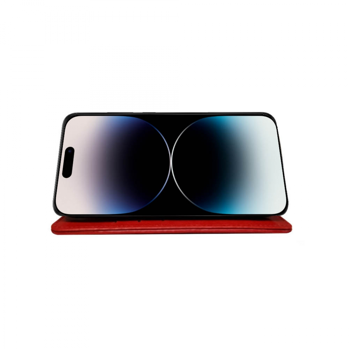 Ein Telefon in einem roten Gehäuse, das auf einem roten Ständer liegt. Ein weißer Hintergrund.