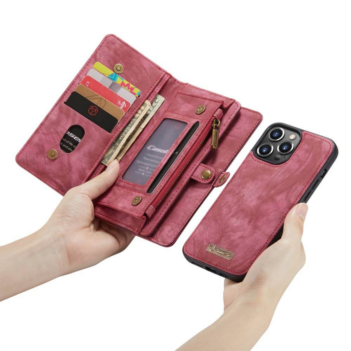 Rosa Leder-Wallet-Case, offen mit Karten und Telefon im Inneren.