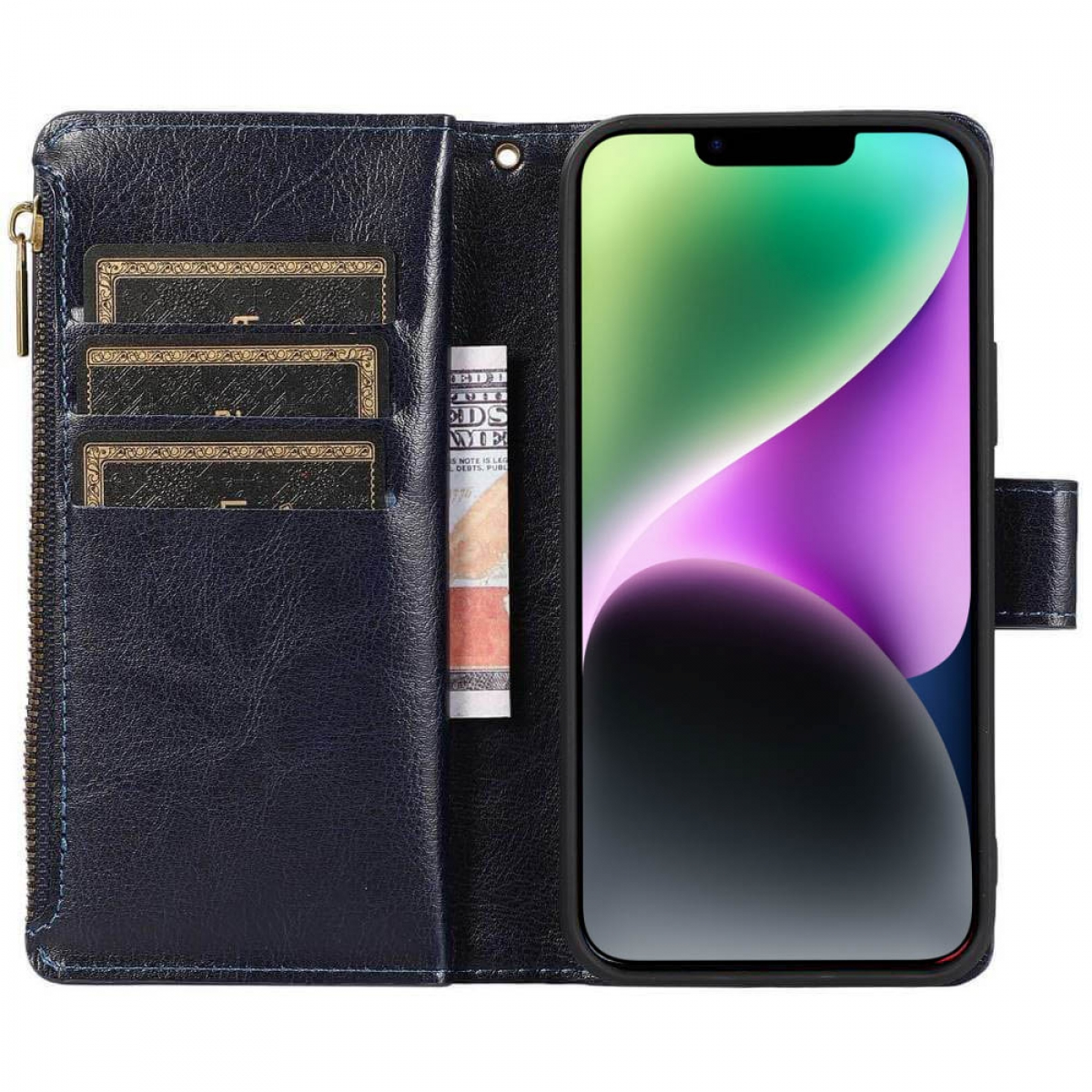 Eine blaue Geldbörse geöffnet, die ein Telefon, Bargeld und Kartenfächer zeigt. Ein Telefon ist in einer Hülle.