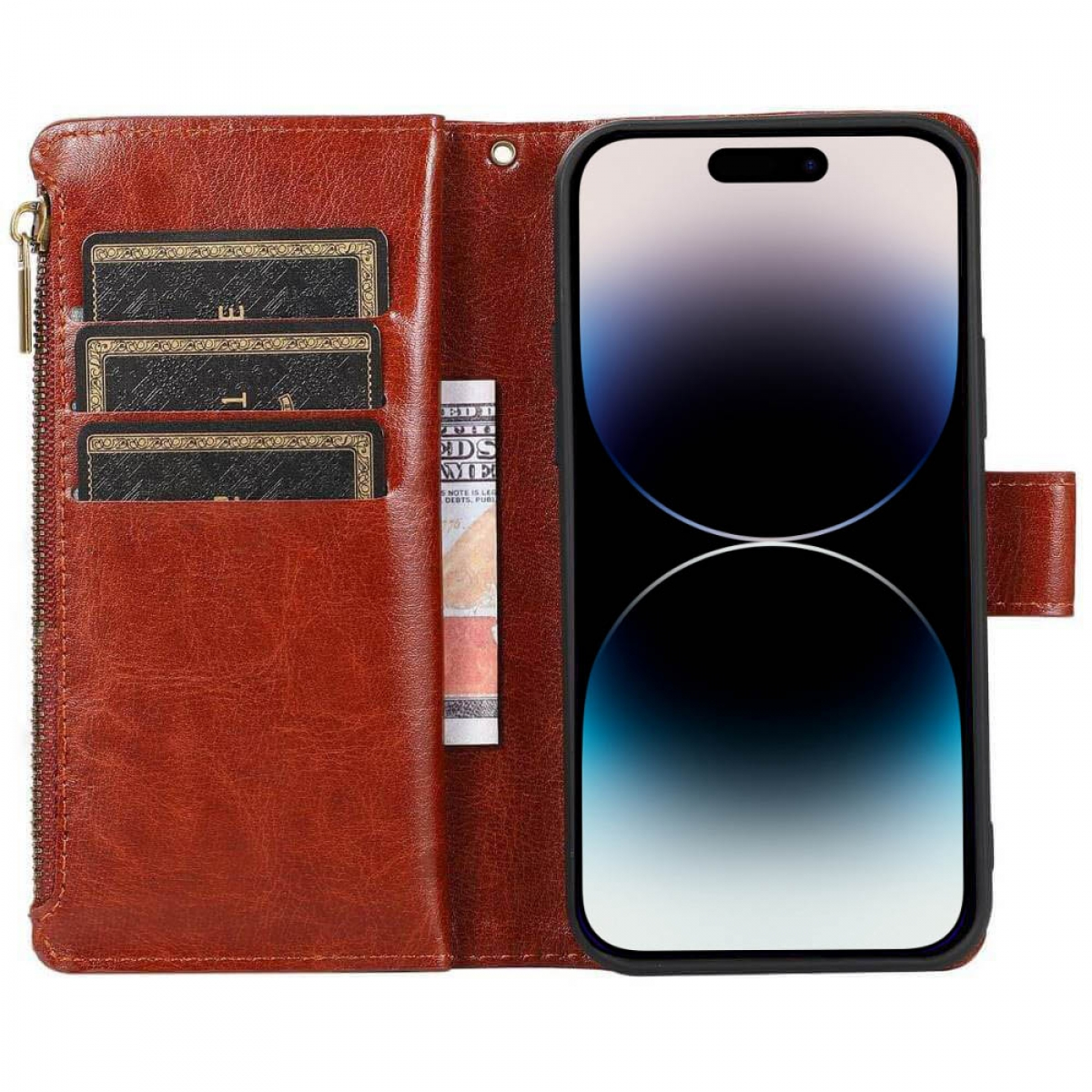 Eine braune Geldbörse für das Telefon ist geöffnet. Karten, Geld und ein Telefon mit schwarzem Bildschirm sind vorhanden.