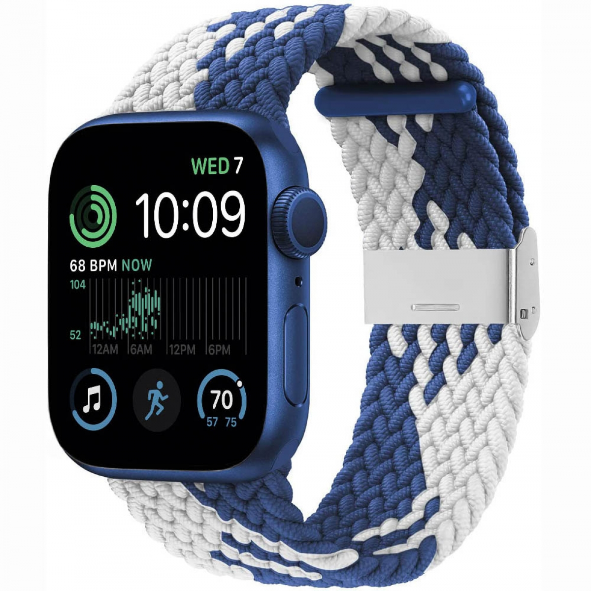 Blau-weißes Apple Watch-Armband. Die Uhr zeigt Zeit- und Gesundheitsmetriken an.