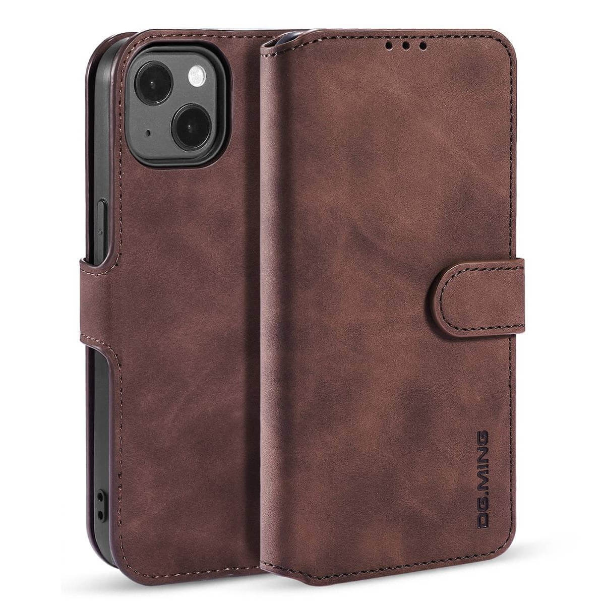 Braune Leder-Handyhülle, Brieftaschenstil, mit Magnetverschluss und Telefon darin.