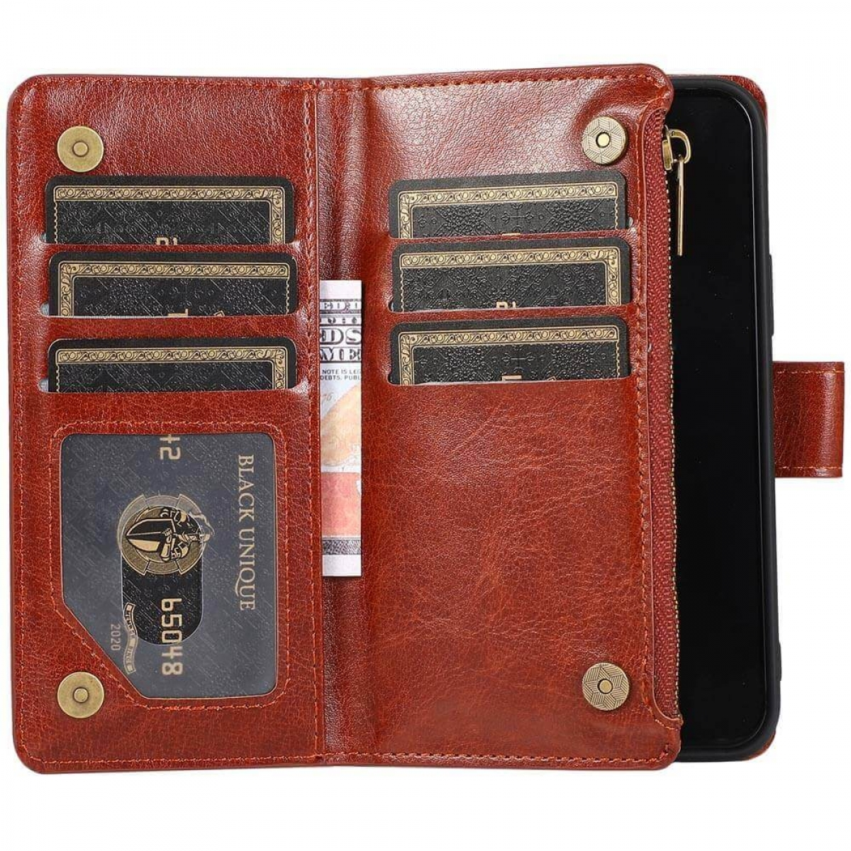 Braune Leder-Handyhülle mit Karten, Bargeld und Telefon. Geöffnet und Karten zeigend.