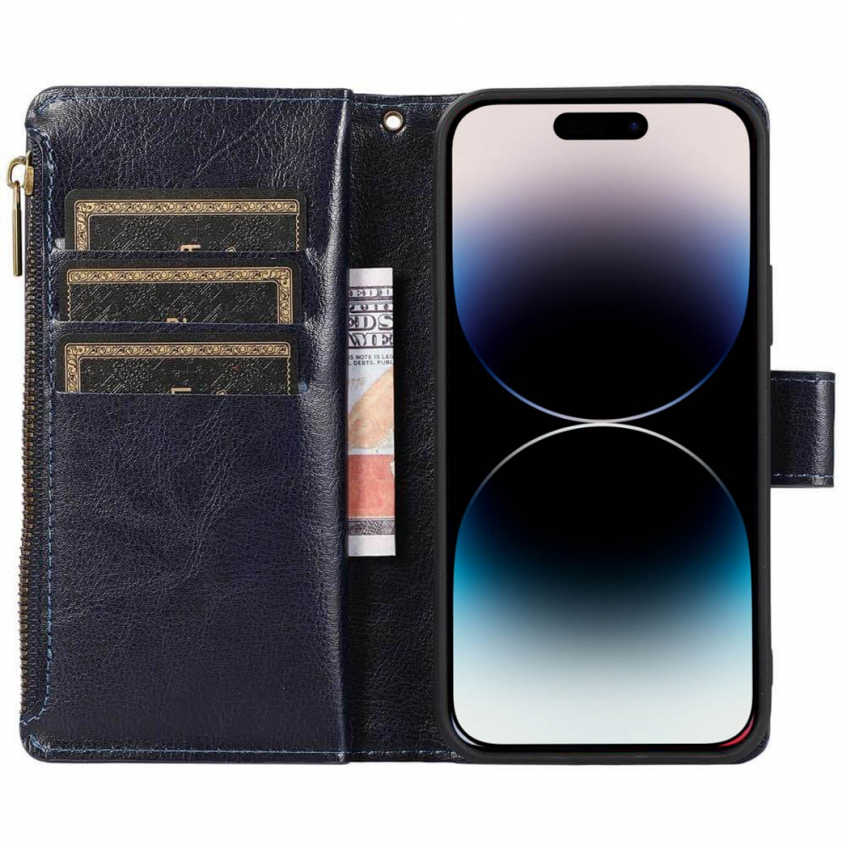 Eine blaue Leder-Handyhülle mit Reißverschluss. Es gibt Kartenfächer und ein Telefon. Die Hülle ist offen.