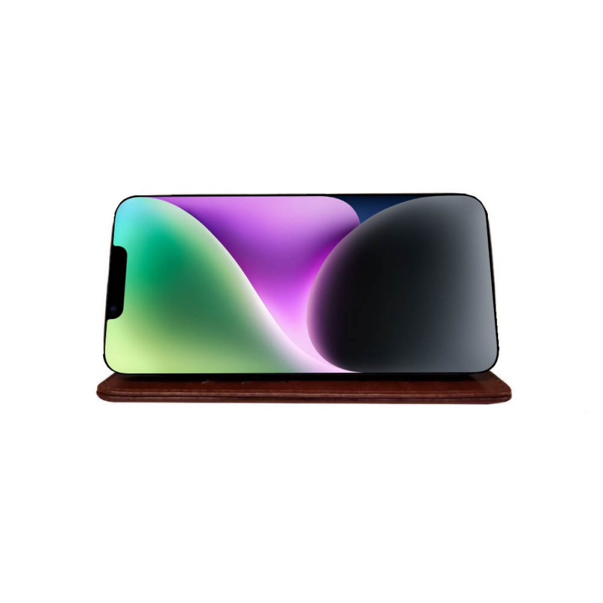 Ein Smartphone liegt auf einem Holzständer. Der Bildschirm zeigt einen bunten Hintergrund.