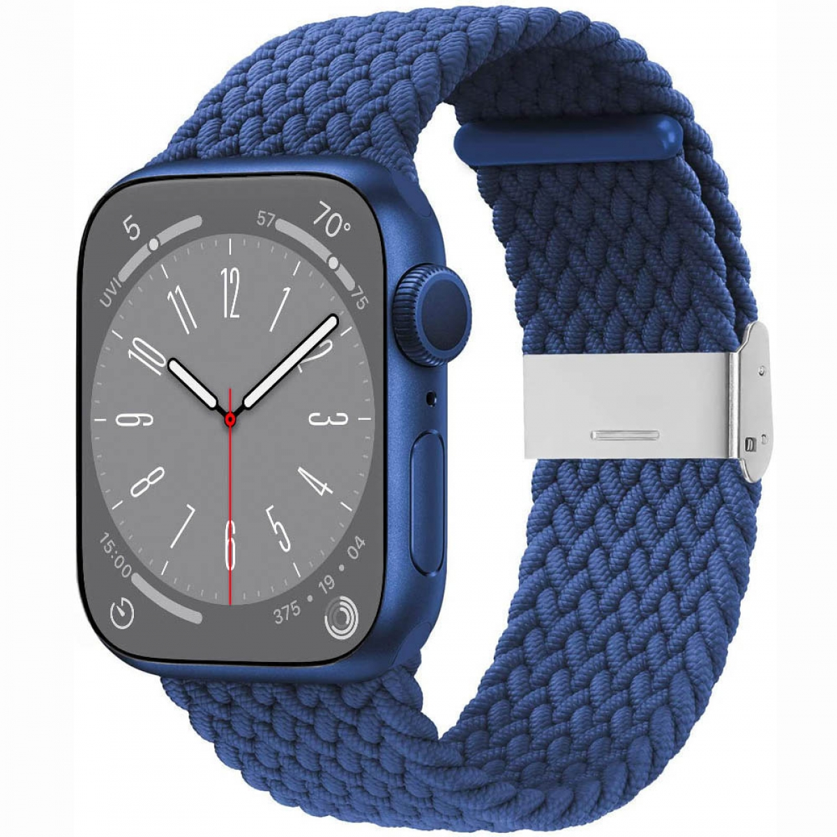 Smartwatch mit blauem geflochtenem Armband. Der Bildschirm zeigt Zeit und andere Metriken auf weißem Hintergrund.