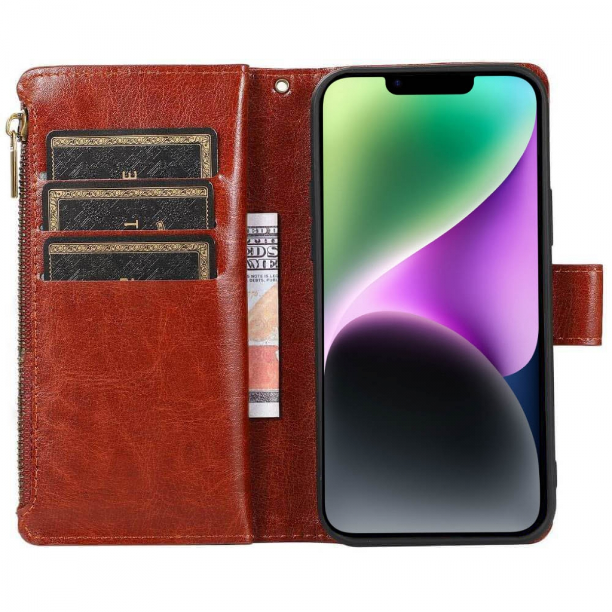 Geöffnete braune Leder-Handyhülle mit Telefon und Karten im Inneren. Ein Reißverschlussbeutel ist sichtbar.