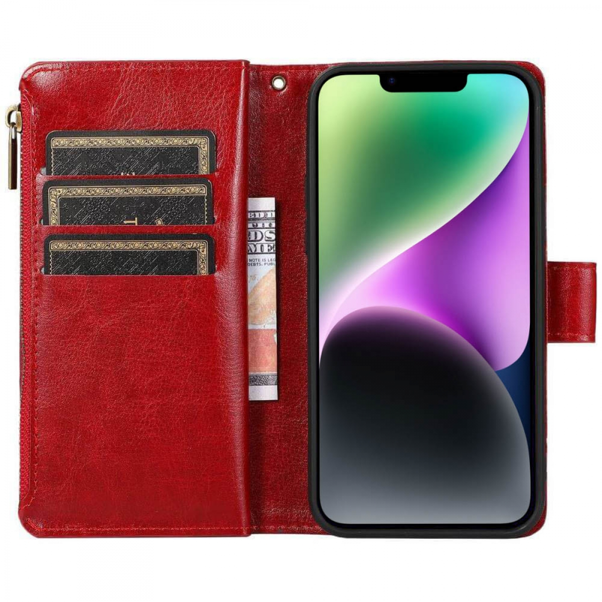 Rote Leder-Handyhülle offen, mit Handy und Karten. Reißverschluss und Geld sichtbar.