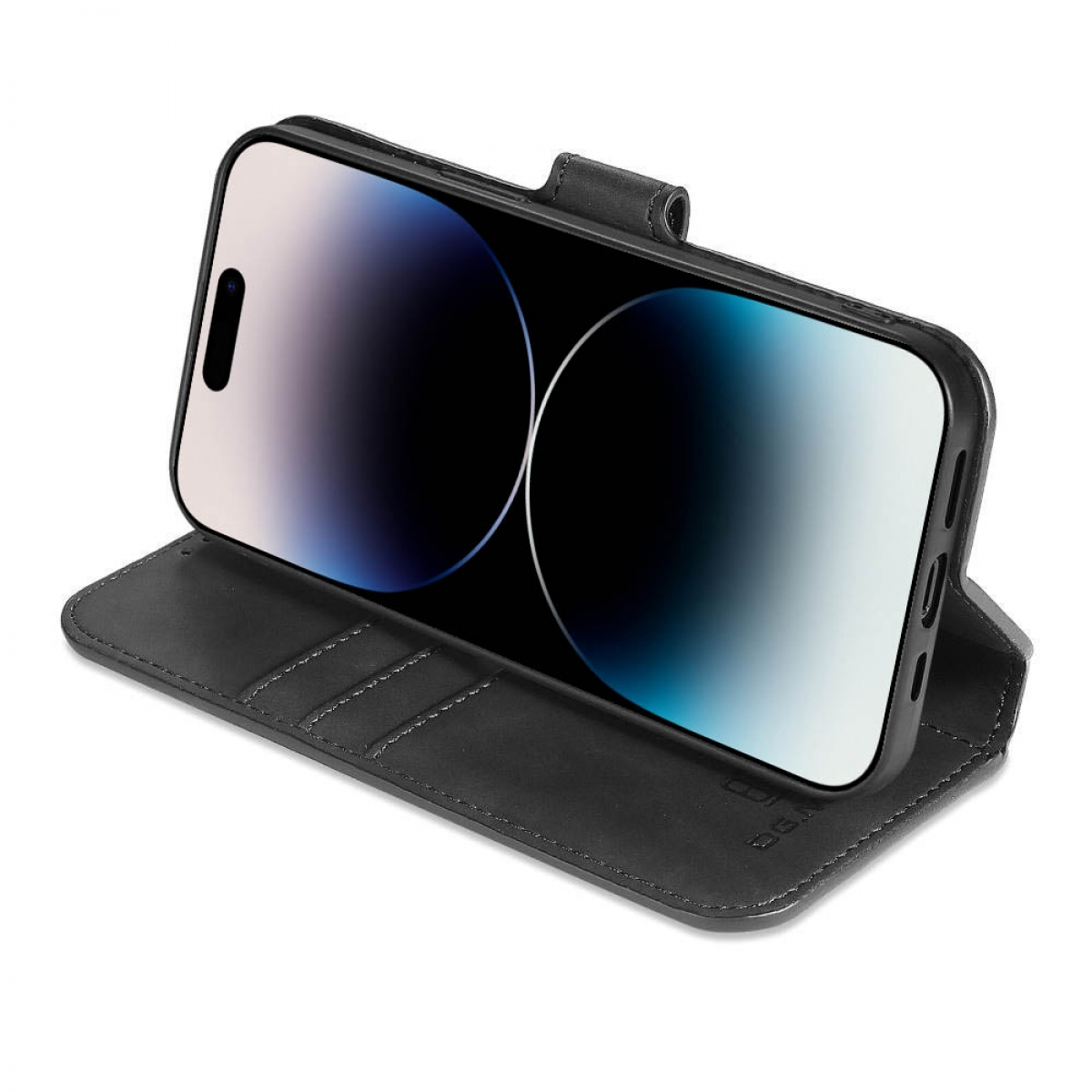Schwarze Handy-Geldbörsenhülle mit einem Telefon im Inneren. Das Telefon ist in einem Winkel positioniert und zeigt den Bildschirm.