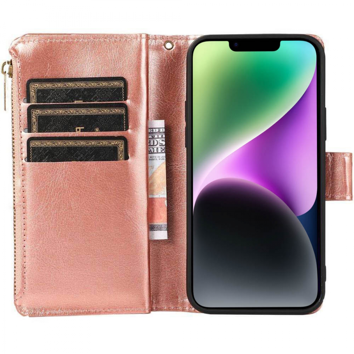 Roségoldene Geldbörse mit Fächern, Bargeld und Telefon mit farbenfrohem Bildschirm.
