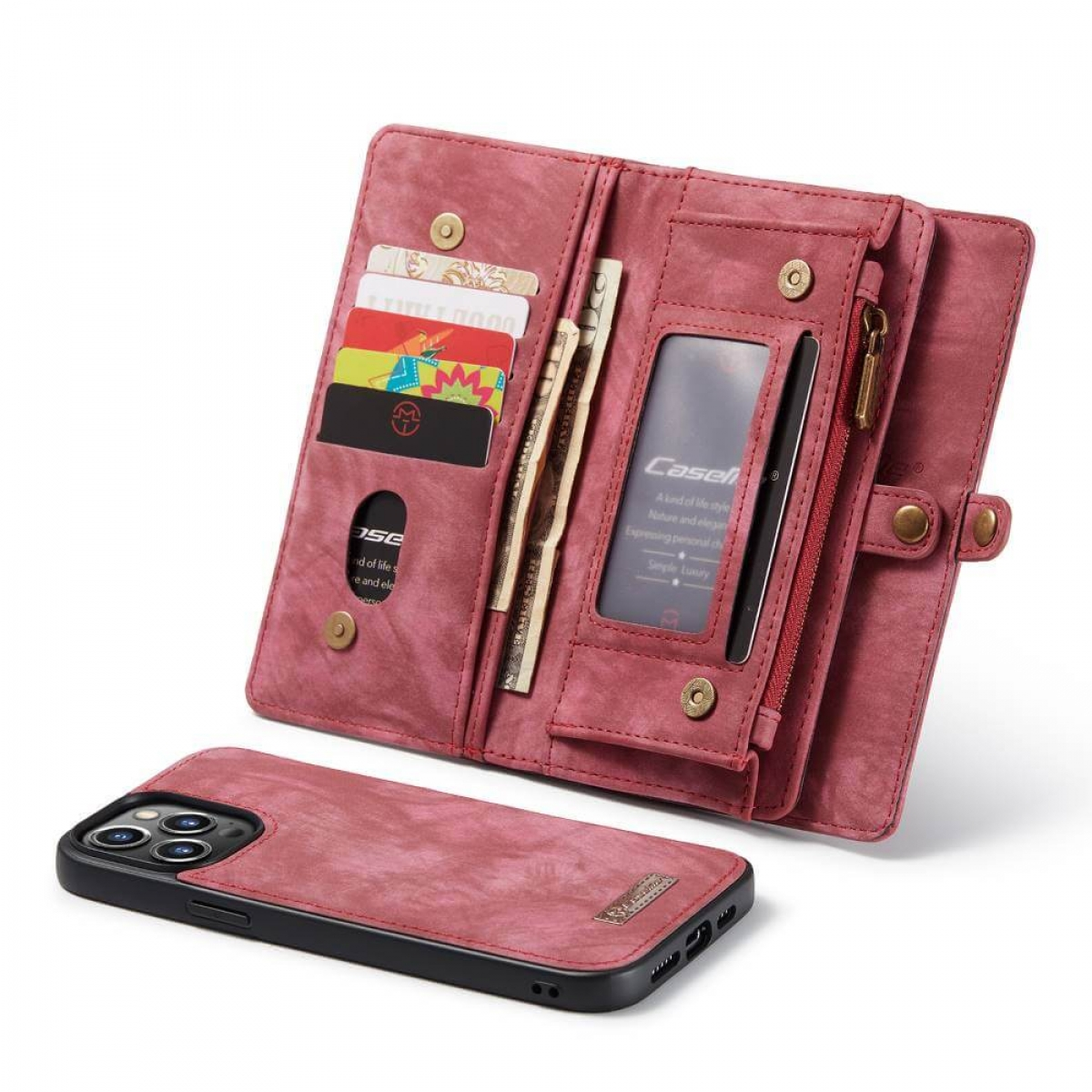 Rotes Telefon-Portemonnaie mit Karten und Bargeld. Das Telefon liegt im Portemonnaie. Das Portemonnaie ist offen.