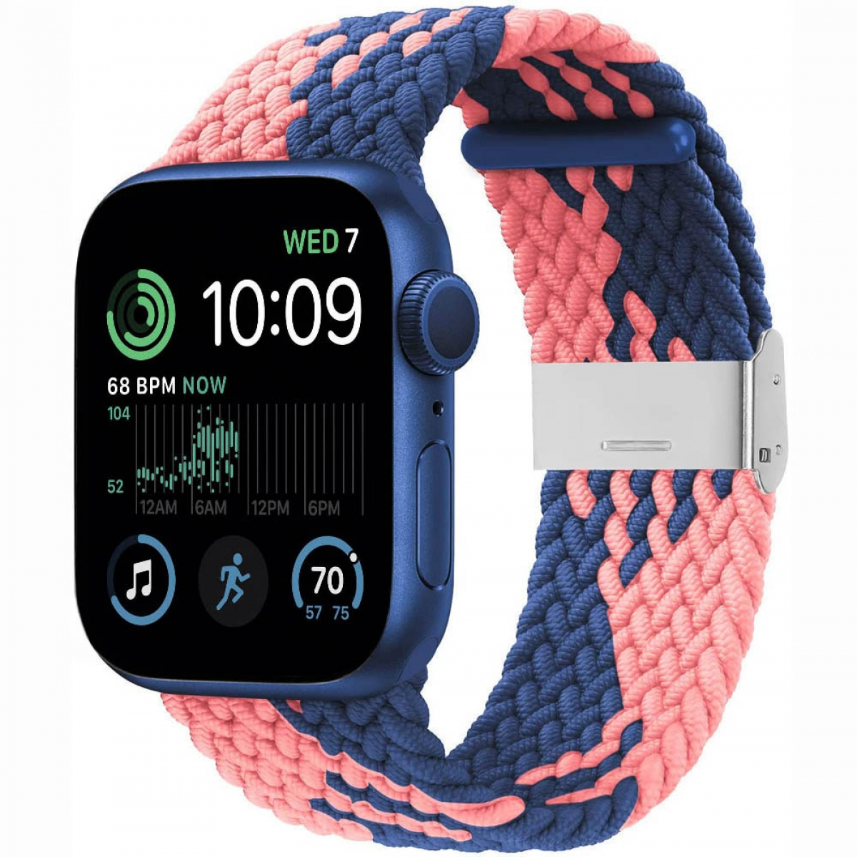 Smartwatch mit marineblauem geflochtenem Armband. Der Bildschirm zeigt Zeit, Herzfrequenz und App-Symbole.