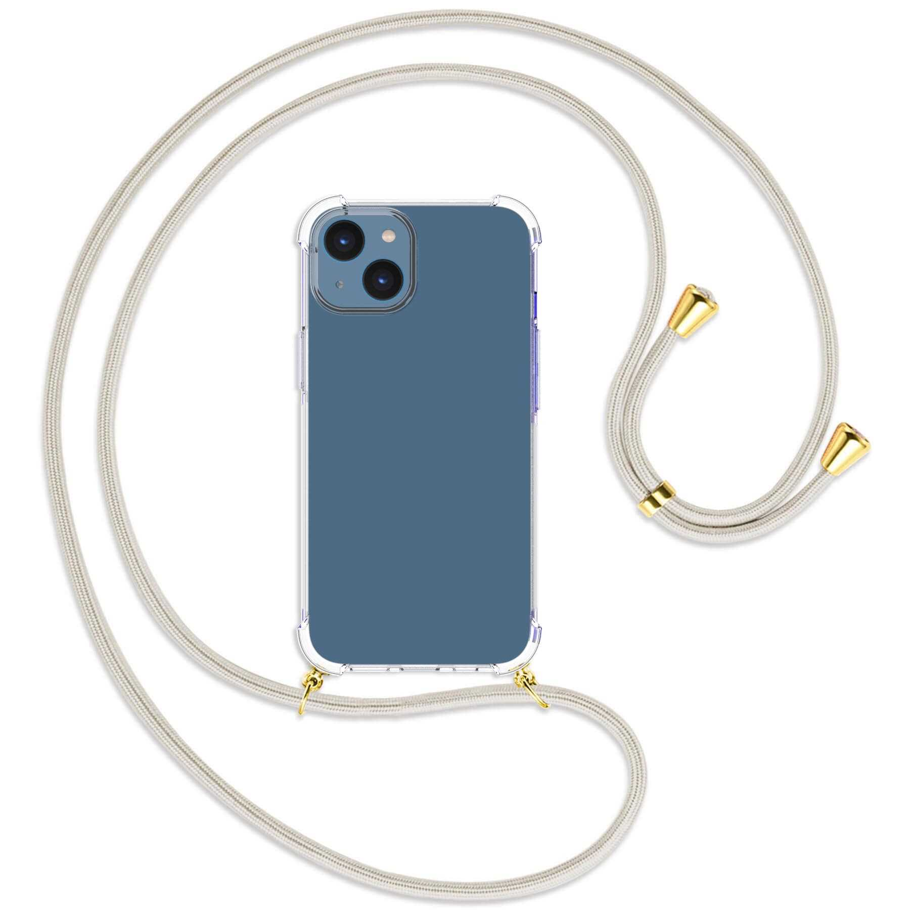 MTB MORE ENERGY Umhänge-Hülle / iPhone 14, Apple, gold White mit Broken Kordel, Backcover