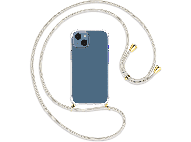 MTB MORE ENERGY Umhänge-Hülle / iPhone 14, Apple, gold White mit Broken Kordel, Backcover
