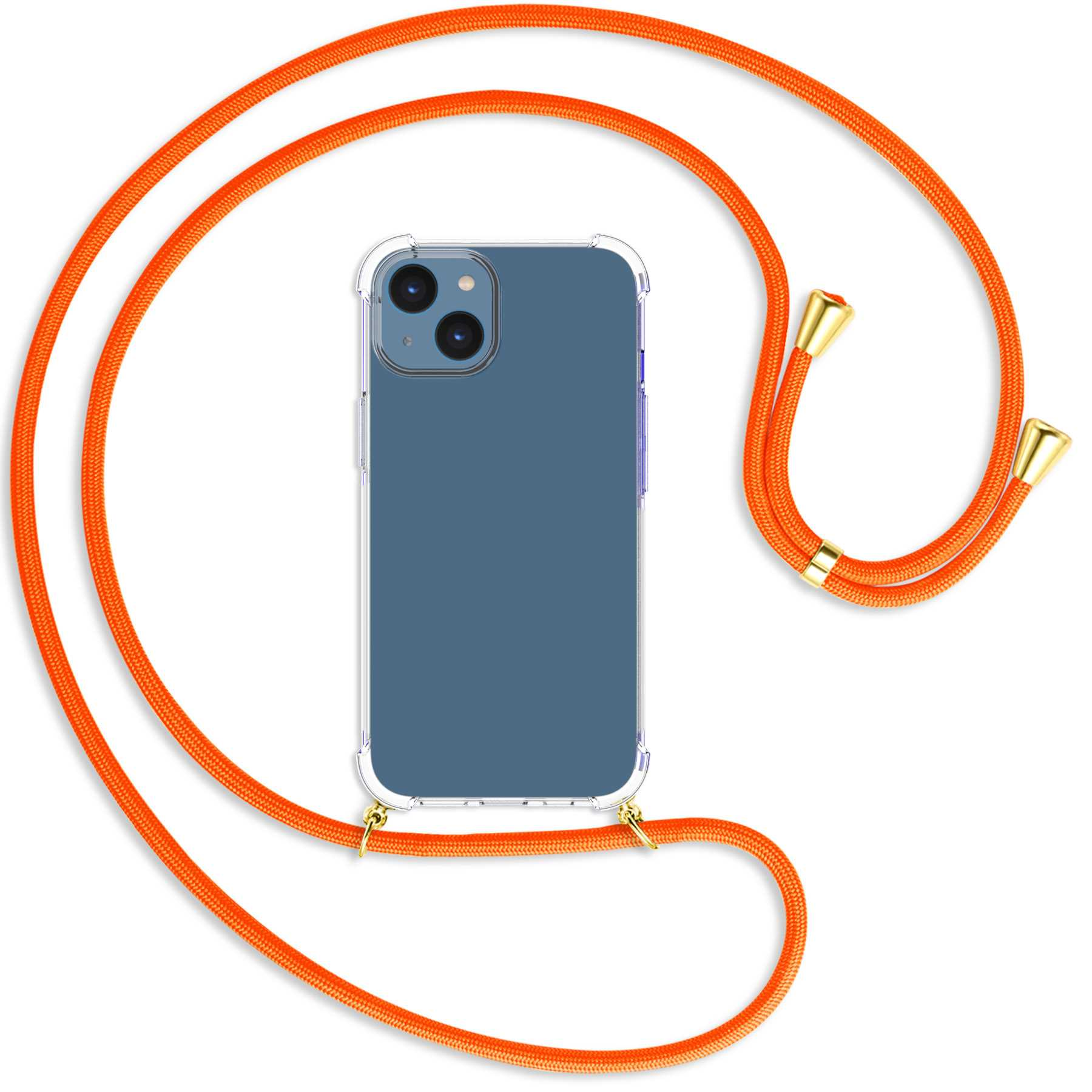 MTB MORE ENERGY Umhänge-Hülle mit Neon Orange iPhone Backcover, gold / Kordel, 14, Apple