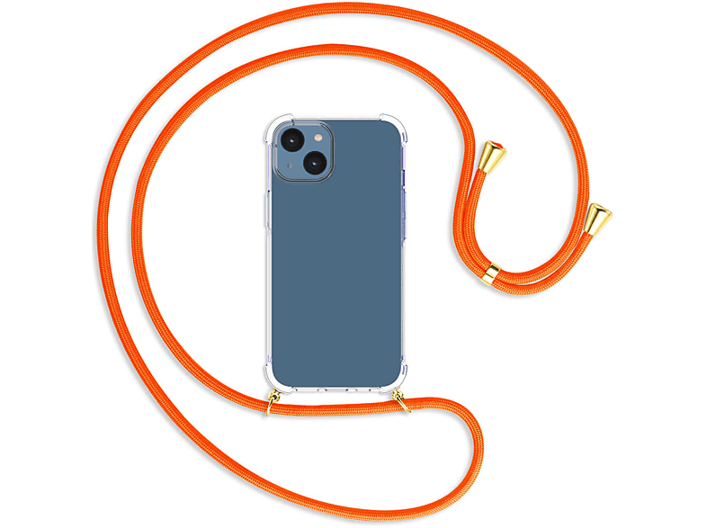 MTB MORE ENERGY Umhänge-Hülle mit Neon Orange iPhone Backcover, gold / Kordel, 14, Apple
