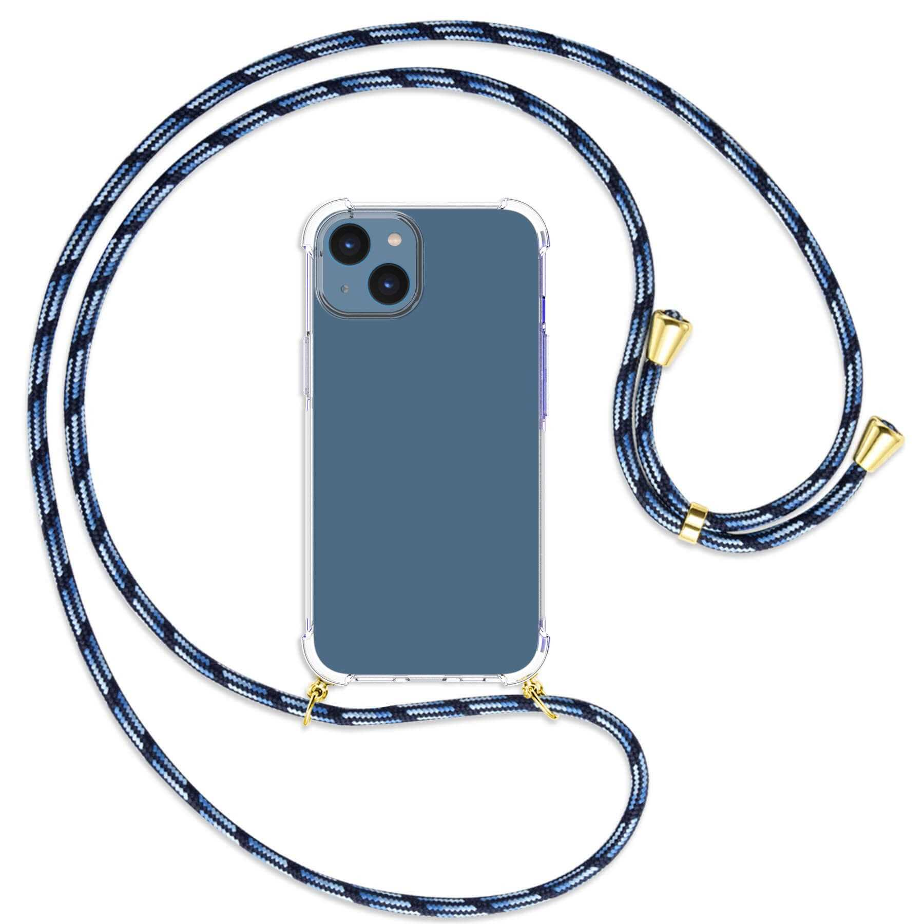 MTB MORE ENERGY Blau gestreift iPhone Apple, Kordel, Backcover, mit / gold Umhänge-Hülle 14