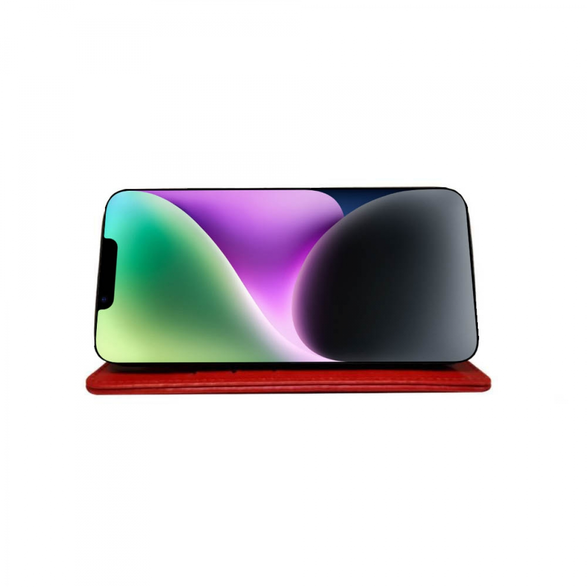 Ein Smartphone mit farbenfrohem Hintergrundbild auf roter Oberfläche. Auf weißem Hintergrund.