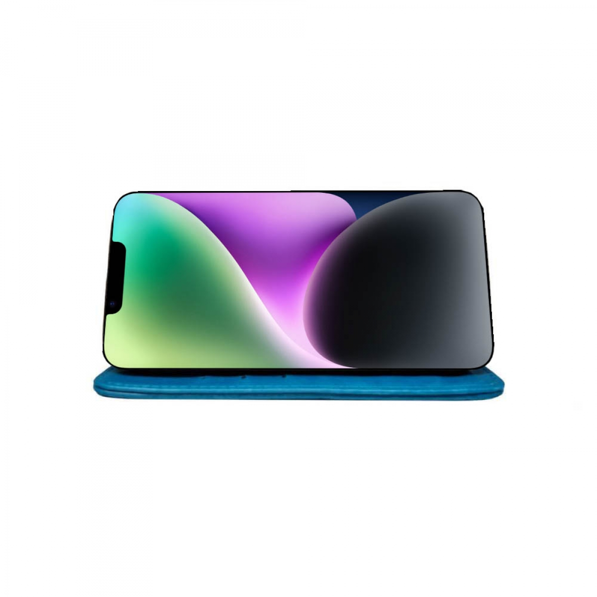 Ein Telefon ruht auf einer blauen Oberfläche. Der Bildschirm zeigt ein lila und schwarzes Design.