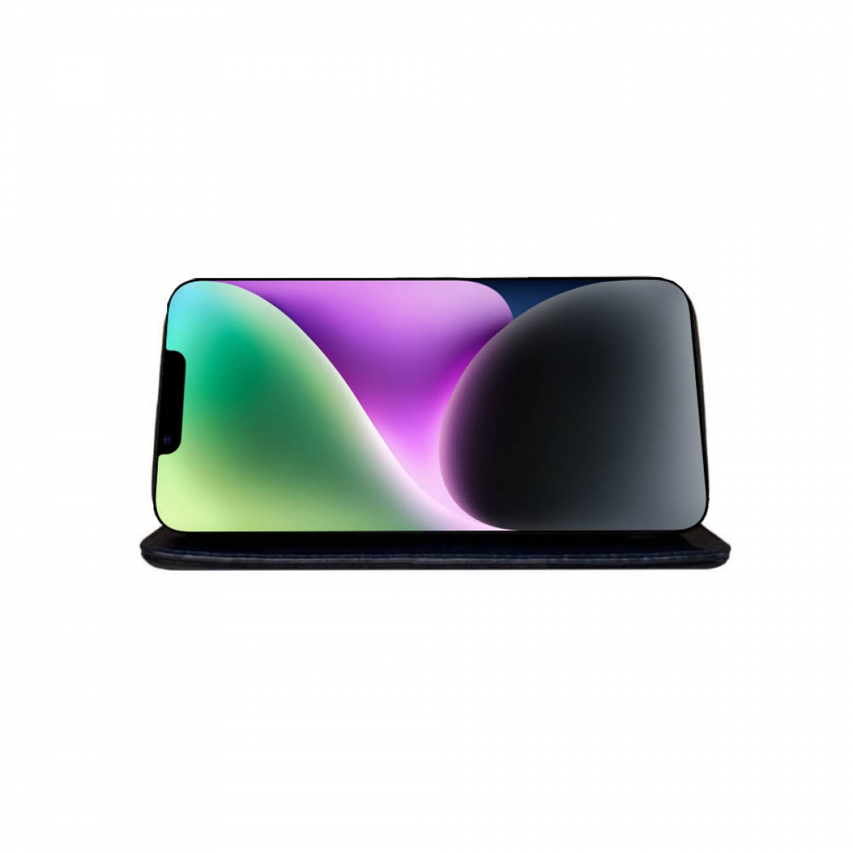 Telefon auf einem Ständer. Bildschirm zeigt ein farbenfrohes Bild. Schwarzer Rahmen.
