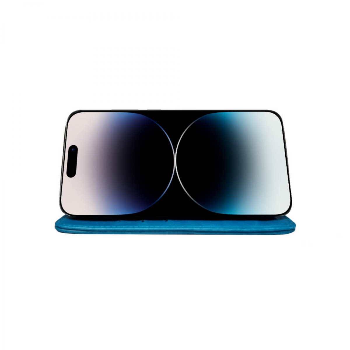 Ein Telefon mit schwarzem Bildschirm, das auf einem blauen Ständer ruht.