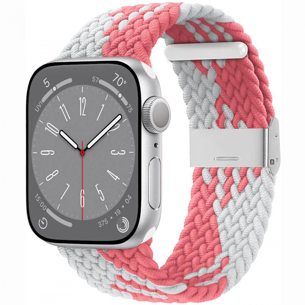 Silberne Apple Watch mit geflochtenem rosa-weißem Armband. Hintergrund ist weiß.