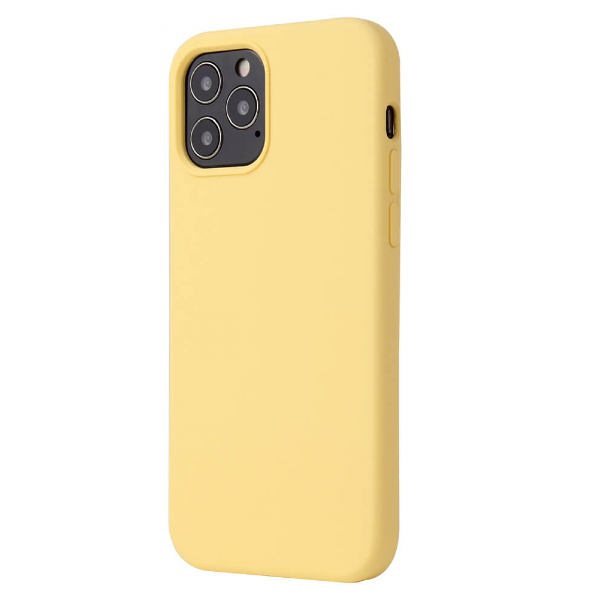 Gelbe iPhone-Hülle mit Dreifachkamera und Knöpfen an der Seite.