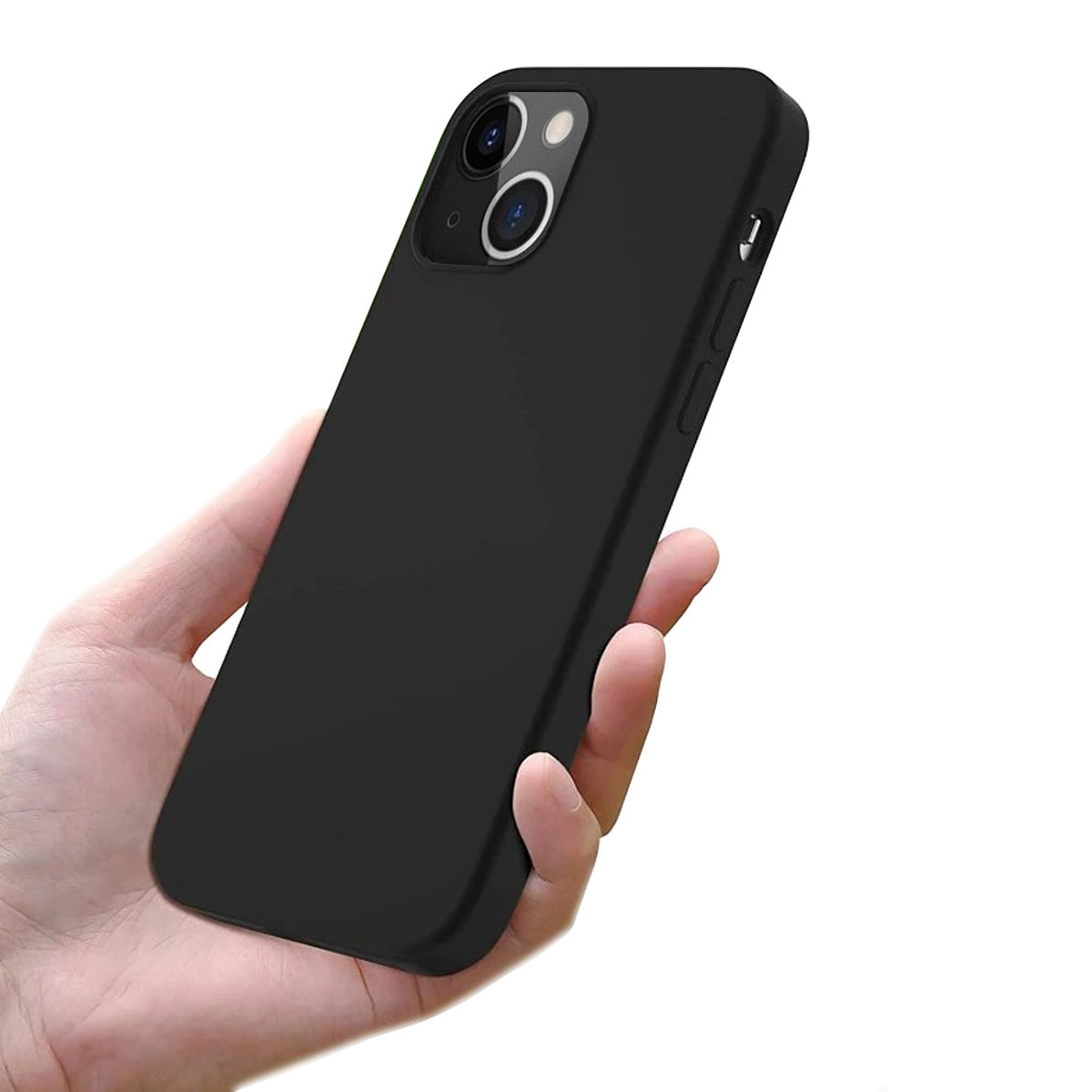 Hand hält schwarzes Telefon in schwarzer Hülle. Das Telefon hat zwei Kameras.