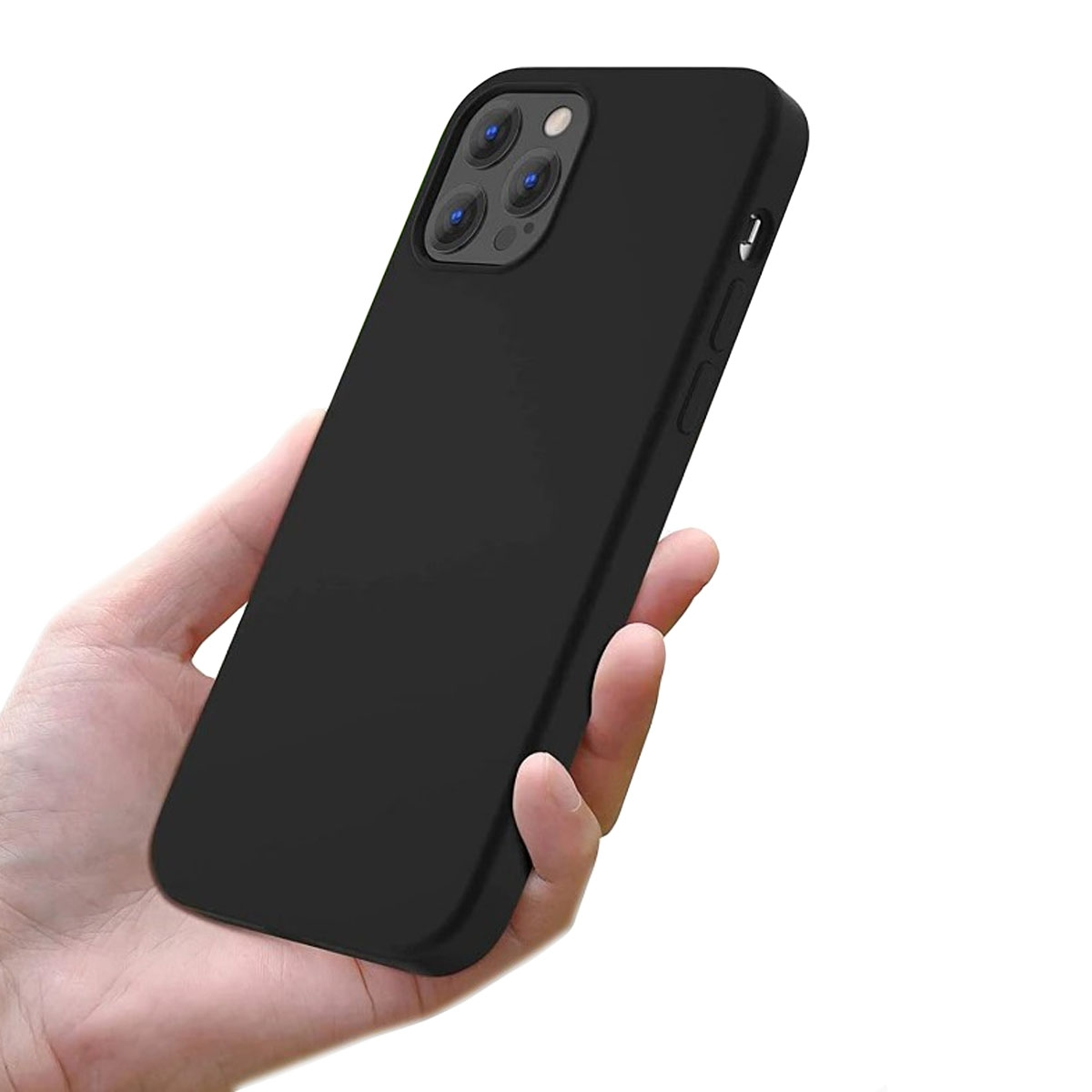 Ein schwarzes Telefon in einer Hand, das die Kamerahöcker zeigt. Das Gehäuse ist matt.