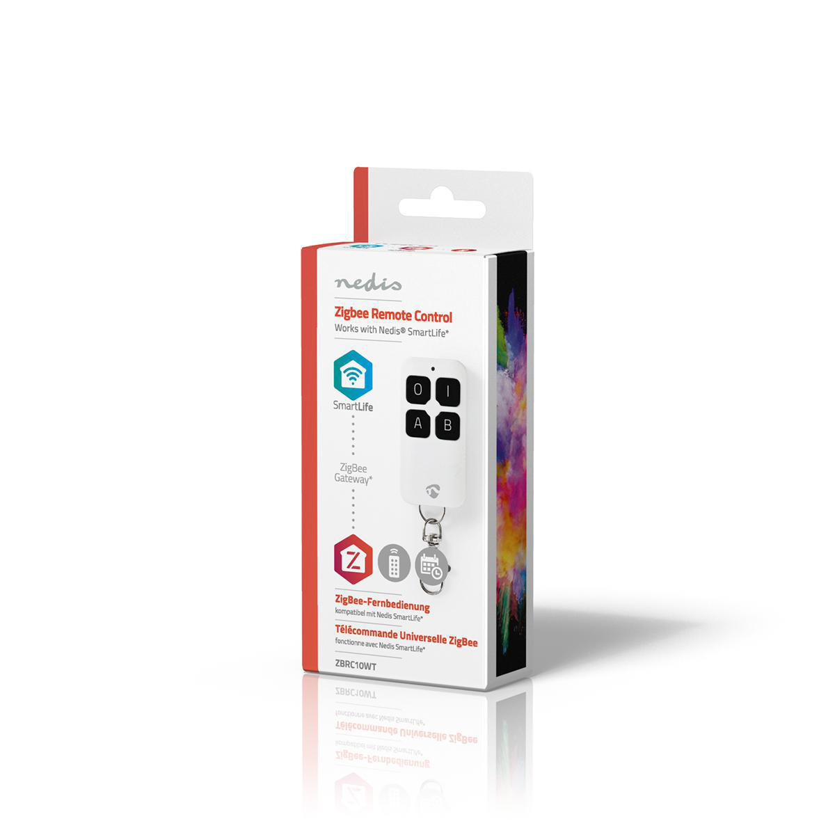 Verpackte Zigbee-Fernbedienung. Weiße und schwarze Box. Fernbedienung mit Tasten A, B, 0, 1.