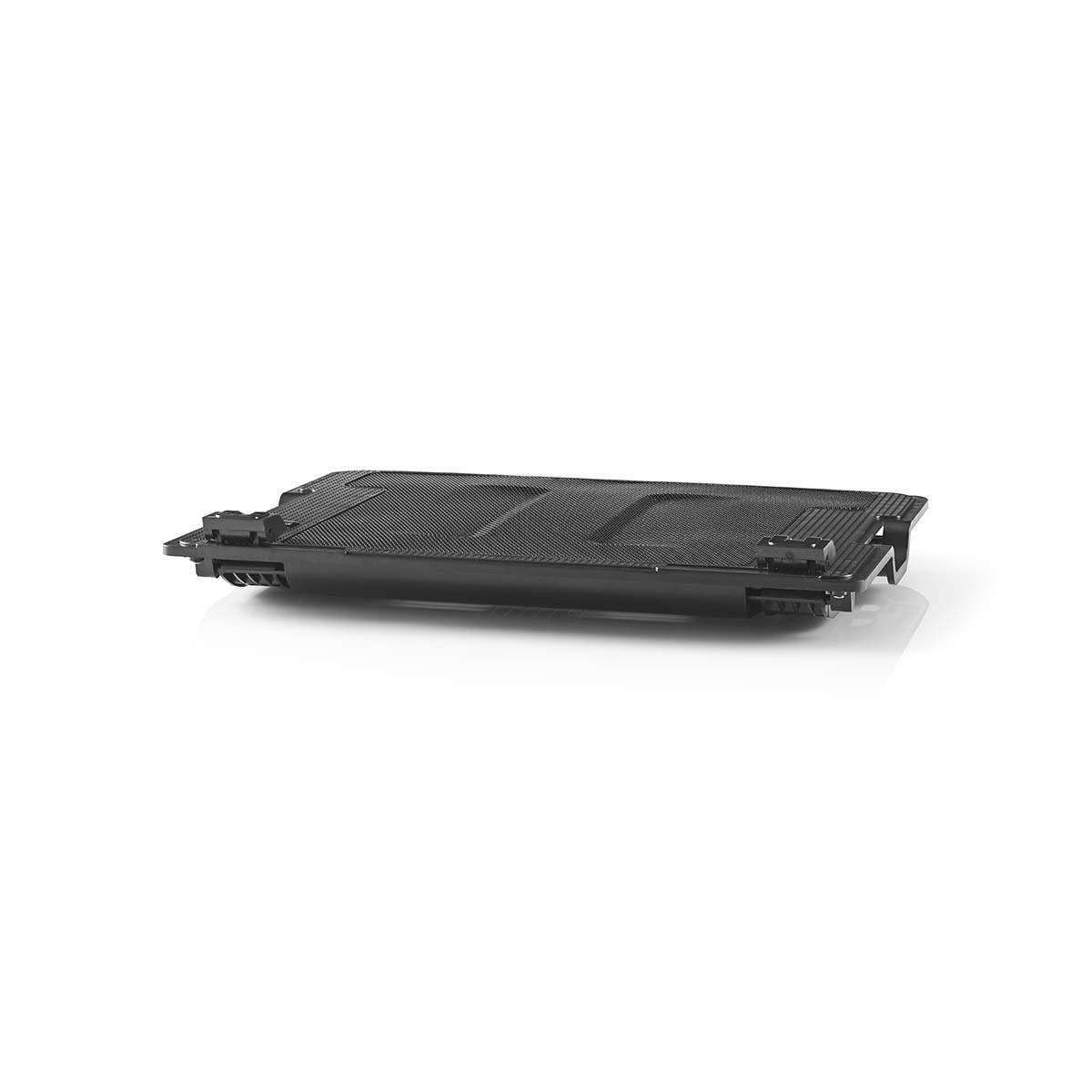 Schwarze rechteckige Druckertoner-Kartusche mit einem Gitternetz oben, auf Weiß.