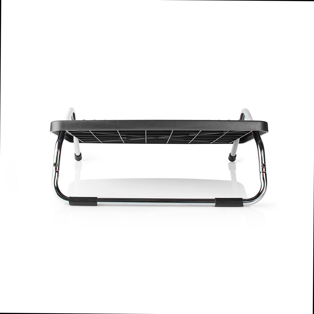 A black footrest with a metal frame on a white background.