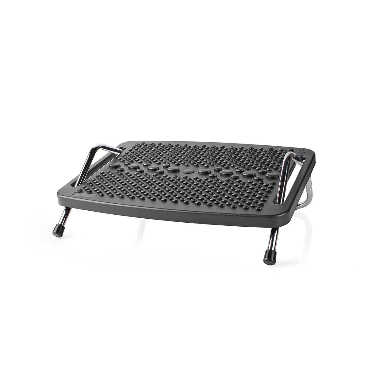 A black footrest with silver legs. It is on a white surface.