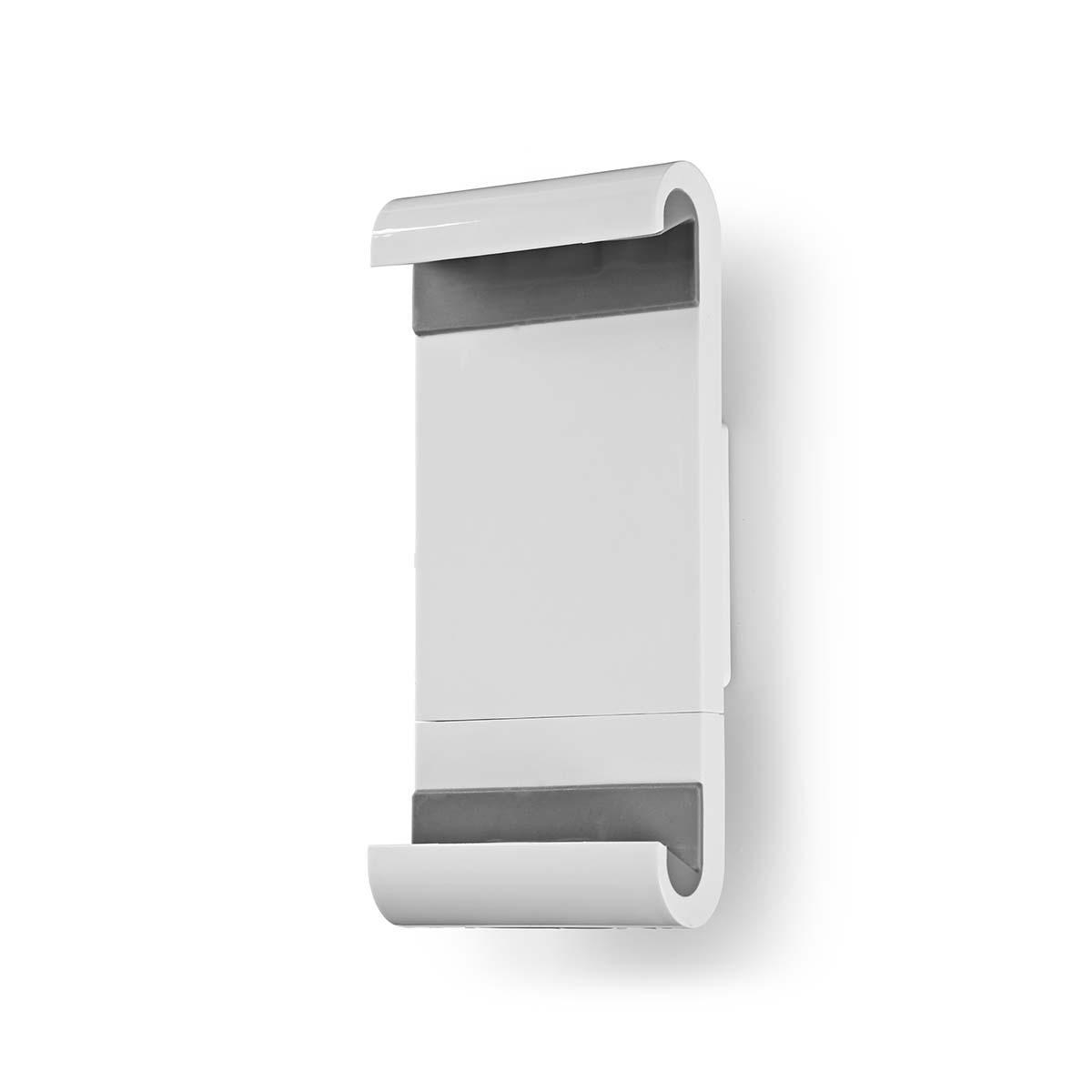 White phone holder with grey rubber grips, mounted on a white wall.