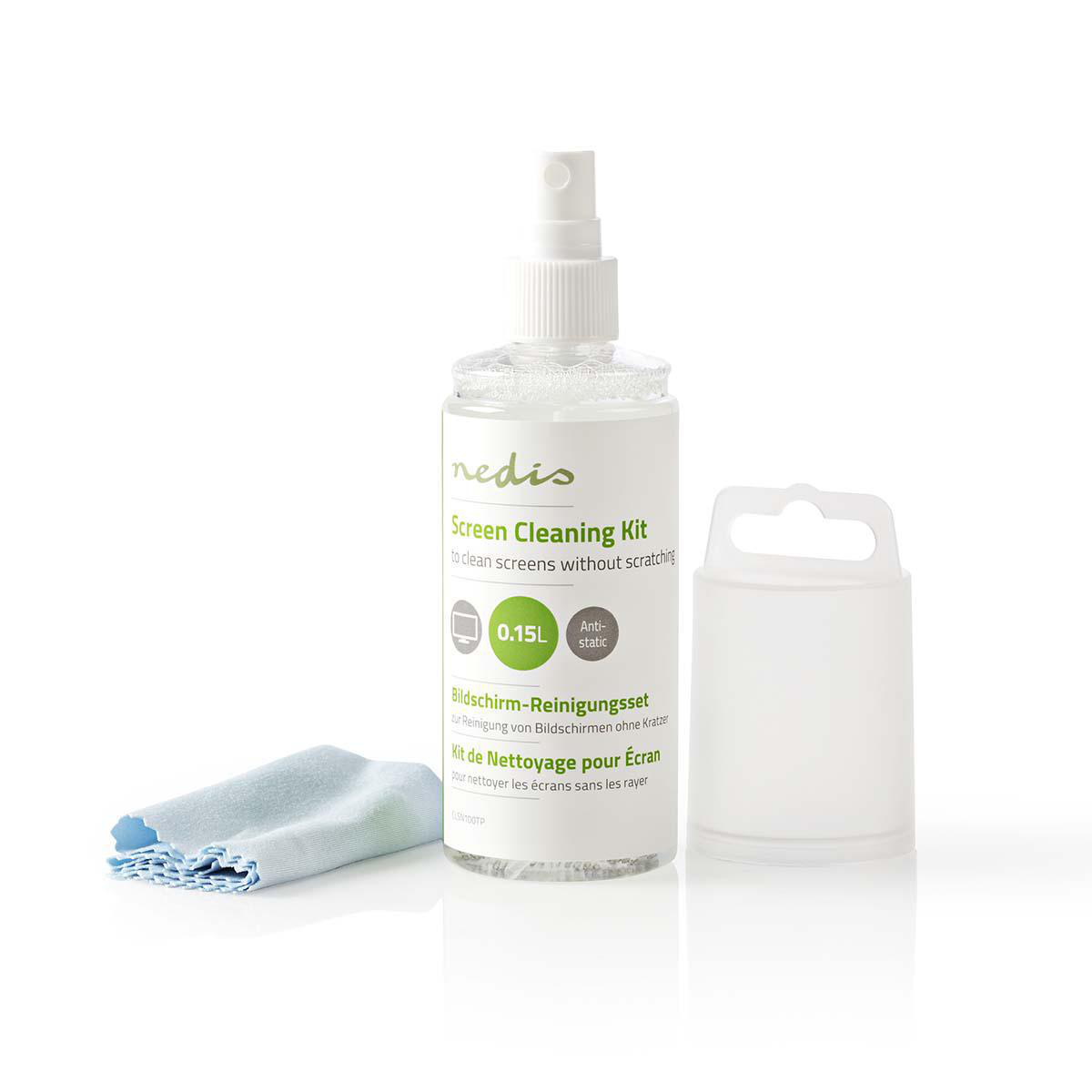 Screen cleaning kit with a spray bottle, a microfiber cloth, and a white holder.